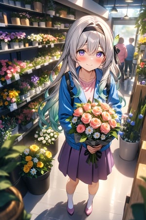 masterpiece, best quality,(1girl), solo,(depth of field),(solo focus),8K,HDR,(ultra high res),(highres),(full body),(lens flare),smiles,blush,(closed mouth),Firefly,(parted bangs),(purple eyes),(grey hair),(gradient hair),(hair intakes),(long hair),(black hairband),(leaf hair ornament),(black ribbon),(hair between eyes),(blue jacket),(pink shirt),(purple skirt),(white socks),(pink footwear),(flats),(standing),(indoors),curtains,(flower shop),(shop),(holding bouquet),florist,(loaded interior),(potted plant),(flower),vase,wreath,