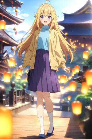 source_anime,masterpiece, best quality,(1girl), solo,(depth of field),(solo focus),8K,HDR,(ultra high res),(highres),(full body),(perfect lighting),(lens flare),smiles,blush,ctiank0shi,ahoge (blonde hair),bangs,(long hair),(purple eyes),(yellow cardigan),(open cardigan),(blue shirt),(long sleeves),(purple skirt),(white socks),(blue footwear),(flats),(holding hand bag),scenery, outdoors,(east asian architecture),(standing),(sky lantern),temple,(wooden floor),landscape,bell,stairs, railing,statue,