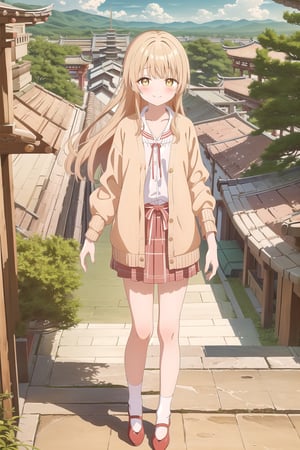 masterpiece, best quality,(1girl), solo,(smiles),blush, (full body),aamahiru,(bangs),(light brown hair), (blonde hair), (long hair), (caramel eyes), (yellow eyes), (eyebrows visible through hair),(very long hair),(pink cardigan),(open cardigan),(white shirt),(collarbone),(green skirt),(red footwear),(high heels),(white socks),landscape, scenery, east asian architecture, Lukang Longshan temple, (Taiwanese temple, Hokkien architecture, Southern Min architecture) East Asia, vintage, historical, heritage, trational, ancient, wooden structure, orange tiled roof, upward curve ridge roof, trees,