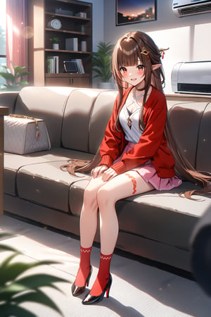 masterpiece, best quality,(1girl), solo,(depth of field),(solo focus),8K,HDR,(ultra high res),(highres),(full body),(lens flare),smiles,blush,(lingsha),(blunt bangs),(brown hair),(very long hair),(red eyes),(pointy ears ),sidelocks,(hair ornament),(jewelry),(halterneck),(red cardigan),(open cardigan),(white shirt),(collarbone),(pink skirt),(red socks),(black footwear),(high heels),(leg tattoo),(handbag),indoors,(living room),(shelf),(air condition),(modern room),(curtain),carpet,(sitting on couch),