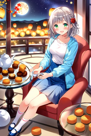 masterpiece, best quality,(1girl), solo,(depth of field),(solo focus),8K,HDR,(ultra high res),(highres),(full body),(full body),(lens flare),smiles,blush,(nice hands), (\nuo ai er\),(green eyes),(blunt bangs),(grey hair),(braided bangs),(crown braid),(medium breasts),(medium hair),(red roses hair ornament),(gold nails),(aqua blue jacket), (open jacket),(long sleeves),(white shirt),(blue skirt),(casual outfit),(white socks),(blue footwear),(mary janes),(mid-autumn festival),(sky lantern),(sitting),(on chair),(armchair),(balcony),(((brown mooncake),food)on plate),(holding mooncake),(maple leaf),(teacup),(teapot),(sanbou),(tsukimi dango),((glass table),(round table)),(gold osmanthus),(yellow flower),(night sky),(star \(sky\)),(full moon),(culture),china,(tile floor), 