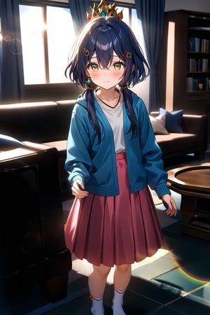 masterpiece, best quality,(1girl), solo,(depth of field),(solo focus),8K,HDR,(ultra high res),(highres),(full body),(perfect lighting),(lens flare),smiles,blush,(closed mouth),(yunli),(dark blue hair),(short hair with long locks),(low twintails),(yellow eyes),(hair between eyes),(single earrings),(crown),(hairclip),(headpiece),(hair ornament),(low ponytail),(double ponytail),(blue cardigan),(open cardigan),(white shirt),(collarbone),(pink skirt),(white socks),(no shoes),(indoor),(living room),clock,(standing),(couch),curtains,carpet,bookshelf,(modern room),(tile floor), 