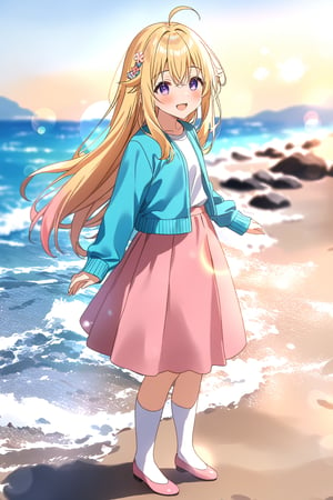 masterpiece, best quality,(1girl), solo,(depth of field),(solo focus),8K,HDR,(ultra high res),(highres),(full body),(lens flare),smiles,blush,ctiank0shi,ahoge (blonde hair),bangs,(long hair),(purple eyes),(hair ornament),(aqua blue cardigan), (open cardigan),(long sleeves),(white shirt),(pink skirt),(casual dress),(white socks),(pink footwear),(ballet flats),(standing),(outdoors),beach,ocean,sands,beach,morning,bokeh