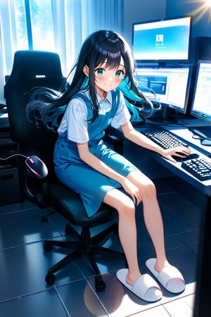 masterpiece, best quality,(1girls), solo,(depth of field),(solo focus),8K,HDR,(ultra high res),(highres),(full body),(perfect lighting),(lens flare),smiles,blush,(nice hands), (perfect hands),(black hair), (long hair),(aqua eyes),(floating hair), sidelocks,(malaysian secondary school uniform),(schoollogo),(school's logo on right side (pinafore dress)),(aqua blue skirt),(blue pinafore),(collared shirt),(white shirt),(short sleeves),(white footwear),(slippers),(no socks),(white apron),(indoors),(sitting on chair),(computer),(
computer keyboard),(computer mouse),(looking at screen),(lcd monitor),school,(computer lab),(tiles floor),window,curtains,