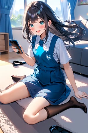 masterpiece, best quality,(1girl), solo,(depth of field),(solo focus),8K,HDR,(ultra high res),(highres),(full body),(lens flare),smiles,blush,(black hair), (long hair),(aqua eyes),(floating hair), sidelocks,(malaysian secondary school uniform),(schoollogo),(school's logo on right side (pinafore dress)),(aqua blue skirt),(blue pinafore),(collared shirt),(white shirt),(short sleeves),(black socks),(no shoes),(unworn ballet flat),(sitting on couch),(indoors),(holding the smartphone),(living room),curtains,window, carpet,shelf,