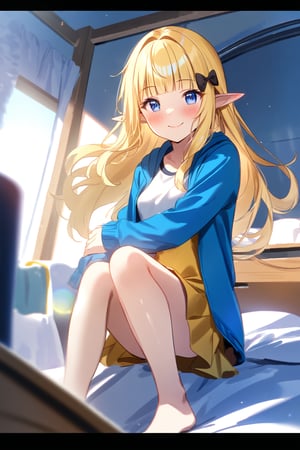 masterpiece, best quality,(1girl), solo,(depth of field),(solo focus),8K,HDR,(ultra high res),(highres),(full body),(lens flare),smiles,blush,(closed mouth),(sarenastrum),(blonde hair), (blue eyes), (long hair), (floating hair),(pointy ears), ((hair bows),(black bows)),(blunt bangs), (medium breasts),(blue jacket),(open jacket),(white shirt),(yellow skirt),(barefoot),(toenail polish),(yellow nails),(indoors),(messy room),(messy room),(pillow),(lamp),(bed), (scenery), 