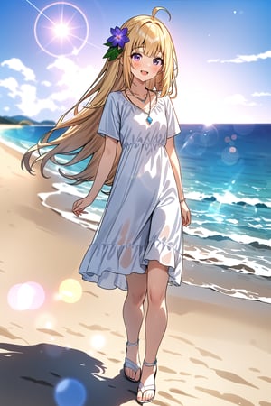 masterpiece, best quality,(1girl), solo,(depth of field),(solo focus),8K,HDR,(ultra high res),(highres),(full body),(lens flare),smiles,blush,ctiank0shi,ahoge (blonde hair),bangs,(long hair),(purple eyes),(hair ornament),(white dress),(short sleeves),(collarbone),(necklace),(white footwear),(sandals),(toenail polish),(standing),(outdoors),beach,ocean,sands,beach,morning,bokeh,