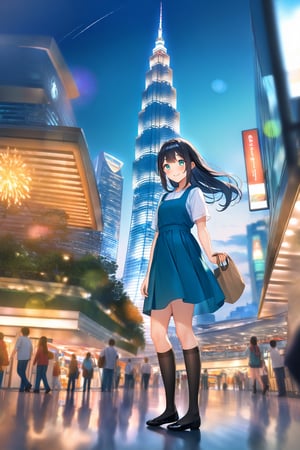 masterpiece, best quality,(1girl), solo,(depth of field),(solo focus),8K,HDR,(ultra high res),(highres),(full body),(lens flare),smiles,blush,(closed mouth),(black hair), (long hair),(aqua eyes),(floating hair), sidelocks,(malaysian secondary school uniform),(schoollogo),(school's logo on right side (pinafore dress)),(aqua blue skirt),(blue pinafore),(collared shirt),(white shirt),(short sleeves),(black socks),(black footwear),(ballet flats),(standing),(outdoors),(cityspace),(holding bag),(lamppost),(building),urban,(petronas twin tower),(Longhouse),(national airport tower),KLCC,(Kuala Lumpur countryside),(Kuala Lumper Tower),Malaysia,(blue sky),landmarks,night,fireworks, 🎇, 🎆,(Hibiscus rosa-sinensis),flower,