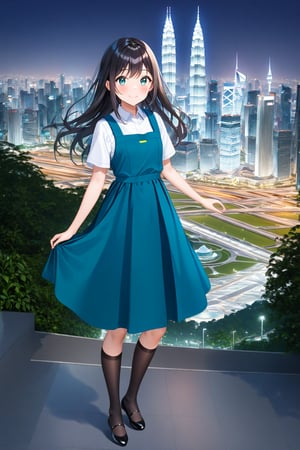 masterpiece, best quality,(1girl), solo,(depth of field),(solo focus),8K,HDR,(ultra high res),(highres),(full body),(lens flare),smiles,blush,(closed mouth),(black hair), (long hair),(aqua eyes),(floating hair), sidelocks,(malaysian secondary school uniform),(schoollogo),(school's logo on right side (pinafore dress)),(aqua blue skirt),(blue pinafore),(collared shirt),(white shirt),(short sleeves),(black socks),(black footwear),(ballet flats),(standing),(outdoors),(cityspace),(holding bag),(lamppost),(building),urban,(petronas twin tower),(Longhouse),(national airport tower),KLCC,(Kuala Lumpur countryside),(Kuala Lumper Tower),Malaysia,(blue sky),landmarks,night,firework,(Hibiscus rosa-sinensis),flower,