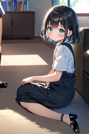 masterpiece, best quality,(1girl), solo,(depth of field),(solo focus),8K,HDR,(ultra high res),(highres),(full body),(lens flare),smiles,blush,(closed mouth),(black hair), (medium hair),(aqua eyes),(floating hair), sidelocks,(malaysian secondary school uniform),(schoollogo),(school's logo on right side (pinafore dress)),(black skirt),(black pinafore),(collared shirt),(white shirt),(short sleeves),(black socks),(black footwear),(mary janes),(sitting),(loli),(child),(indoors),(living room),shelf,curtain,carpet,windows,couch,