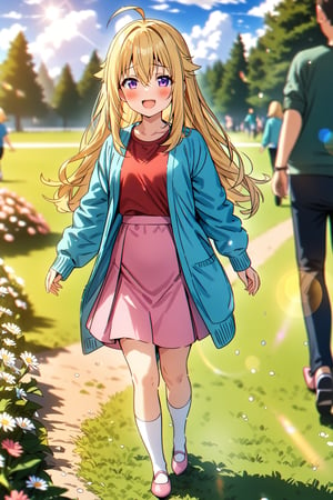 masterpiece, best quality,(1girl), solo,(depth of field),(solo focus),8K,HDR,(ultra high res),(highres),(full body),(lens flare),smiles,blush,(torako koshi),bangs,ahoge,(blonde hair),bangs,(long hair),(purple eyes),(hair between eyes),(aqua cardigan),(open cardigan),(red shirt),(pink skirt),(white socks),(pink footwear),(ballet flats),walking,field,tree,flower,cloud, 