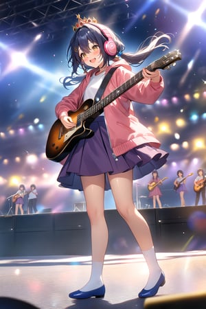 masterpiece, best quality,(1girl), solo,(depth of field),(solo focus),8K,HDR,(ultra high res),(highres),(full body),(lens flare),smiles,blush,(yunli),(dark blue hair),(short hair with long locks),(low twintails),(yellow eyes),(hair between eyes),(single earrings),(crown),(hairclip),(headpiece),(hair ornament),(low ponytail),(double ponytail),(pink jacket),(white shirt),(purple skirt),(white socks),(blue footwear),(flats),(pink headphones),(outdoors),(holding guitar),(electric guitar),music, singing,(stage),(stage lights),(star (sky)),sparkle,(scaffolding),(standing),audience,glowstick,(outstretched arm),(feet out of frame),(leg up)