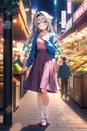 masterpiece, best quality,(1girl), solo,(depth of field),(solo focus),8K,HDR,(ultra high res),(highres),(Exquisite visuals),(narrow waist),(full body),(lens flare),smiles,blush,(nice hands), (perfect hands),((absurdres)),Firefly,(parted bangs),(purple eyes),(grey hair),(gradient hair),(hair intakes),(long hair),(black hairband),(leaf hair ornament),(black ribbon),(hair between eyes),(blue jacket),(pink shirt),(purple skirt),(white socks),(pink footwear),(flats),(outdoors),(cityspace),(market stall),(human road),street,night,