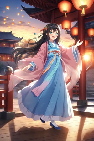 source_anime,masterpiece, best quality,(1girl), solo,(depth of field),(solo focus),8K,HDR,(ultra high res),(highres),(full body),(perfect lighting),(lens flare),smiles,blush,(black hair),(long hair),(aqua eyes),(hair ornament),(hanfu),(jyojifuku),(ruanyi0758),(shawl),(jewelry),(chinese clothes),(blue dress),(long sleeves),(wide sleeves),(white socks),(ancient chinese socks),(blue footwear),(embroidered flats),scenery,outdoors,(east asian architecture),(dancing),(sky lantern),temple,(wooden floor),landscape,bell,stairs,railing,statue,