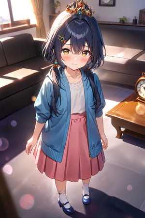 masterpiece, best quality,(1girl), solo,(depth of field),(solo focus),8K,HDR,(ultra high res),(highres),(full body),(perfect lighting),(lens flare),smiles,blush,(closed mouth),(yunli),(dark blue hair),(short hair with long locks),(low twintails),(yellow eyes),(hair between eyes),(single earrings),(crown),(hairclip),(headpiece),(hair ornament),(low ponytail),(double ponytail),(blue cardigan),(open cardigan),(white shirt),(collarbone),(pink skirt),(white socks),(blue footwear),(mary janes),(no shoes),(indoor),(living room),clock,(standing),(couch),curtains,carpet,bookshelf,(modern room),(tile floor), 