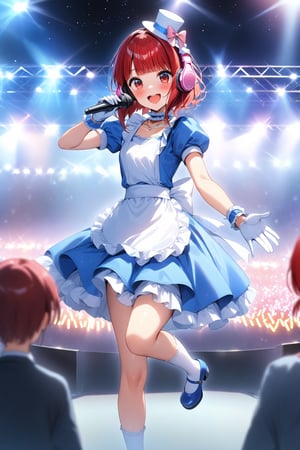 masterpiece, best quality,(1girl), solo,(depth of field),(solo focus),8K,HDR,(ultra high res),(highres),(full body),(lens flare),smiles,blush,(Kana-XL),(medium hair), (red eyes), (red hair),(blunt bangs),(top hat),(
hat bow),(idol clothes),(white bowtie),(blue dress),(frilled choker),(pink ribbon),(puffy short sleeves),(wrist cuffs)(white apron),(white gloves).(necklace),(white sock), (blue footwear),(mary janes),(pink headphones),(outdoors),(holding microphone),music, singing,(stage),(stage lights),(star (sky)),sparkle,(scaffolding),(standing),audience,glowstick,(outstretched arm),(feet out of frame),(leg up),