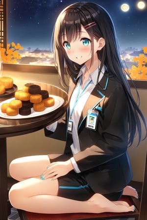 masterpiece, best quality,(1girl), solo,(depth of field),(solo focus),8K,HDR,(ultra high res),(highres),(full body),(full body),(lens flare),smiles,blush,(nice hands), (black hair),(long hair), bangs,(aqua eyes),(hairclip),(id card),(strap),(black jacket),(open jacket),(white shirt),(collared shirt),(black pants),(pencil pants),(barefoot),(toenail polish),(aqua nails),(mid-autumn festival),(sky lantern),(sitting),(on chair),(armchair),(balcony),(((brown mooncake),food)on plate),(holding mooncake),(maple leaf),(teacup),(teapot),(sanbou),(tsukimi dango),((glass table),(round table)),(gold osmanthus),(yellow flower),(night sky),(star \(sky\)),(full moon),(culture),china,(tile floor),