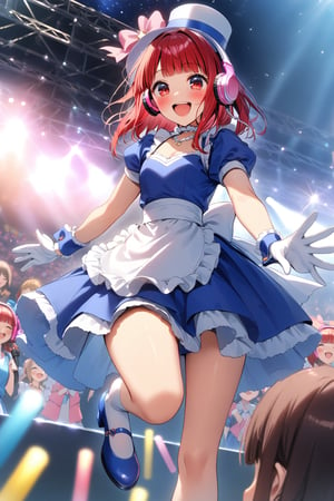 masterpiece, best quality,(1girl), solo,(depth of field),(solo focus),8K,HDR,(ultra high res),(highres),(full body),(lens flare),smiles,blush,(Perfect Hands),(Kana-XL),(medium hair), (red eyes), (red hair),(blunt bangs),(top hat),(
hat bow),(idol clothes),(white bowtie),(blue dress),(frilled choker),(pink ribbon),(puffy short sleeves),(wrist cuffs)(white apron),(white gloves).(necklace),(white sock), (blue footwear),(mary janes),(pink headphones),(outdoors),(holding microphone),music, singing,(stage),(stage lights),(star (sky)),sparkle,(scaffolding),(standing),audience,glowstick,(outstretched arm),(feet out of frame),(leg up),