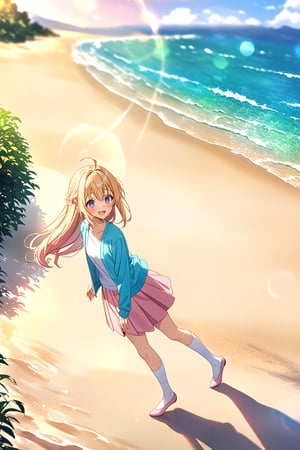 masterpiece, best quality,(1girl), solo,(depth of field),(solo focus),8K,HDR,(ultra high res),(highres),(full body),(lens flare),smiles,blush,ctiank0shi,ahoge (blonde hair),bangs,(long hair),(purple eyes),(hair ornament),(aqua blue cardigan), (open cardigan),(long sleeves),(white shirt),(pink skirt),(casual dress),(white socks),(pink footwear),(ballet flats),(standing),(outdoors),beach,ocean,sands,beach,morning,bokeh