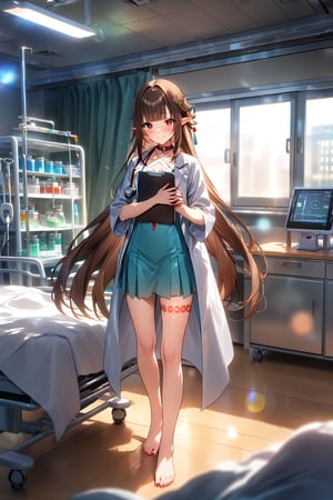 masterpiece, best quality,(1girl), solo,(depth of field),(solo focus),8K,HDR,(ultra high res),(highres),(full body),(lens flare),smiles,blush,(closed mouth), (lingsha),(blunt bangs),(brown hair),(very long hair),(red eyes),(pointy ears ),sidelocks,(hair ornament),(jewelry),(halterneck),(white coat),(lab coat),(blue shirt),(collar shirt),(aqua skirt),(barefoot),(toenail polish),(red nail),(leg tattoo),scenery,(indoors),(doctor),(bed sheet),cabinet,(blanket),curtains,(standing),(hospital bed),infirmary,lights, stool, day,laboratory,(holding clipboard),(stethoscope),