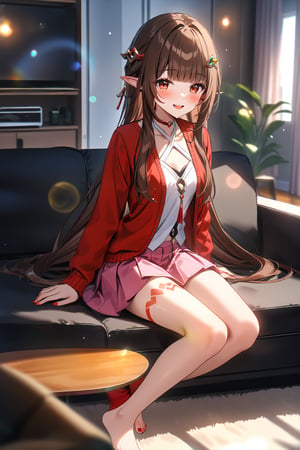 masterpiece, best quality,(1girl), solo,(depth of field),(solo focus),8K,HDR,(ultra high res),(highres),(full body),(lens flare),smiles,blush,(lingsha),(blunt bangs),(brown hair),(very long hair),(red eyes),(pointy ears ),sidelocks,(hair ornament),(jewelry),(halterneck),(red cardigan),(open cardigan),(white shirt),(collarbone),(pink skirt),(red socks),(barefoot),(toenail polish),(red nails),(leg tattoo),(handbag),indoors,(living room),(shelf),(air condition),(modern room),(curtain),carpet,(sitting on couch),