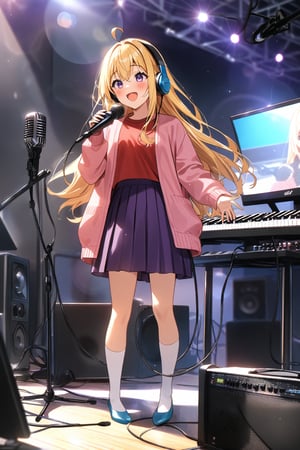 masterpiece, best quality,(1girl), solo,(depth of field),(solo focus),8K,HDR,(ultra high res),(highres),(full body),(lens flare),smiles,blush,ctiank0shi,ahoge (blonde hair),bangs,(long hair),(purple eyes),(pink cardigan),(open cardigan),(red shirt),(long sleeves),(purple skirt),(white socks),(blue footwear),(flats),(indoors),(amplifier),(cable),(computer keyboard),(pop filter),(contemporary),(music stand),(headphones),(instrument),(music),(microphone stand),(singing),(speaker),(stage lights),(studio),(studio microphone )