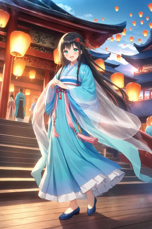 source_anime,masterpiece, best quality,(1girl), solo,(depth of field),(solo focus),8K,HDR,(ultra high res),(highres),(full body),(perfect lighting),(lens flare),smiles,blush,(black hair),(long hair),(aqua eyes),(hair ornament),(hanfu),(ruanyi0758),(shawl),(jewelry),(chinese clothes),(blue dress),(long sleeves),(wide sleeves),(blue footwear),(embroidered flats),scenery,outdoors,(east asian architecture),(dancing),(sky lantern),temple,(wooden floor),landscape,bell,stairs,railing,statue,