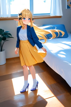 masterpiece, best quality,(1girl), solo,(depth of field),(solo focus),8K,HDR,(ultra high res),(highres),(full body),(lens flare),smiles,blush,(closed mouth),(sarenastrum),(blonde hair), (blue eyes), (long hair), (floating hair),(pointy ears),(elf), ((2 hair bows),(black bows)),(blunt bangs), (medium breasts),(blue jacket),(open jacket),(white shirt),(yellow skirt),(white socks),(light purple footwear),(high heels),(indoors),(messy room),(shinshitsu),(pillow),(lamp),(bed), (scenery), 