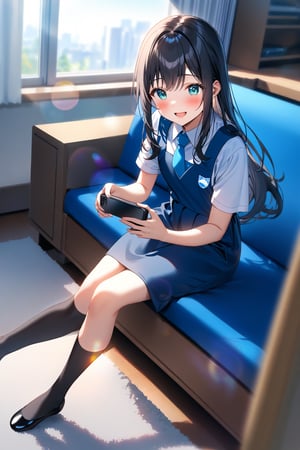 masterpiece, best quality,(1girl), solo,(depth of field),(solo focus),8K,HDR,(ultra high res),(highres),(full body),(lens flare),smiles,blush,(black hair), (long hair),(aqua eyes),(floating hair), sidelocks,(malaysian secondary school uniform),(schoollogo),(school's logo on right side (pinafore dress)),(aqua blue skirt),(blue pinafore),(collared shirt),(white shirt),(short sleeves),(black socks),(black footwear),(ballet flats),(sitting on couch),(indoors),(holding the smartphone),(living room),curtains,window, carpet,shelf,