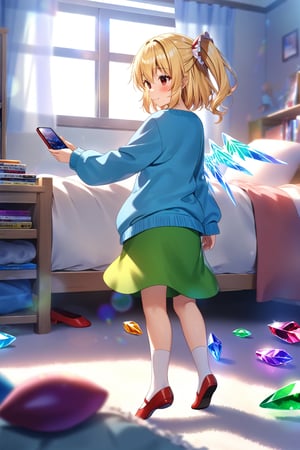 masterpiece, best quality,(1girl), solo,(depth of field),(solo focus),8K,HDR,(ultra high res),(highres),(full body),(lens flare),smiles,blush,(closed mouth),(touhou),(flandre scarlet),(blonde hair),(side ponytail),(medium hair),(red eyes),(crystal wings), (laevatein \(touhou\)),(blue cardigan),(open cardigan),(pink shirt),(green skirt),(white socks),(red footwear),(ballet flats),(indoors),(messy room),(shelf),(curtains),(carpet),(bed),(window),(holding phone),