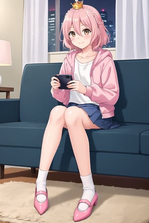 masterpiece, best quality,(1girl), solo,(depth of field),(solo focus),8K,HDR,(ultra high res),(highres),(full body),(lens flare),smiles,blush,(closed mouth),(sonogami rinne),bangs,(medium hair), (pink hair), (crown braid),(light brown eyes), (hair between eyes),(aqua jacket), (open jacket),(long sleeves),(white shirt),(blue skirt),(collarbone),(white socks),(pink footwear),(flats),indoors,(holding phone),(smartphone),(modern room),carpet,curtain,(living room),couch,night