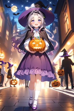 masterpiece, best quality,(1girl), solo,(depth of field),(solo focus),8K,HDR,(ultra high res),(highres),(full body),(lens flare),smiles,blush,(closed mouth), Firefly,(parted bangs),(purple eyes),(grey hair),(gradient hair),(hair intakes),(long hair),(black hairband),(leaf hair ornament),(((purple headwear),(witch hat),(white bow))),dress,(white shirt),(purple skirt),(white socks),(purple footwear),(ballet flat),(black capelet),(open mouth),(standing),(halloween),(halloween bucket),(halloween costume),(happy halloween),outdoors, moon,star,(holding pumpkin),(candy cane),(jack-o'-lantern),street,cityscape,night,