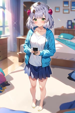 masterpiece, best quality,(1girl), solo,(depth of field),(solo focus),8K,HDR,(ultra high res),(highres),(full body),(lens flare),smiles,blush,(closed mouth),(noelle \(genshin impact\)),(green eyes),(blunt bangs),(grey hair),(braided bangs),(crown braid),(medium breasts),(medium hair),(red roses hair ornament),(gold nails),(alternate costume),(aqua blue jacket), (open jacket),(long sleeves),(white shirt),(blue skirt),(collarbone),(barefoot),(toenail polish),(silver nails),(no shoes),(standing),(indoors),(messy room),(shelf),(curtains),(carpet),(bed),(window),(holding phone),