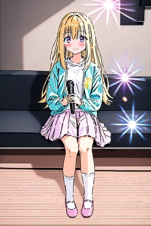 masterpiece, best quality,(1girl), solo,(depth of field),(solo focus),8K,HDR,(ultra high res),(highres),(full body),(lens flare),smiles,blush,(torako koshi),bangs,ahoge,(blonde hair),bangs,(long hair),(purple eyes),(hair between eyes),(aqua cardigan),(open cardigan),(white shirt),(pink skirt),(white socks),(pink footwear),(ballet flats),indoors,(holding microphone),karaoke,sitting,(karaokeroom),scenery,table,door,couch,screen,joypad, microphone,television, 