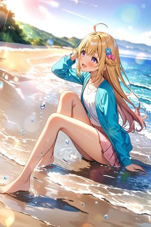 masterpiece, best quality,(1girl), solo,(depth of field),(solo focus),8K,HDR,(ultra high res),(highres),(full body),(lens flare),smiles,blush,ctiank0shi,ahoge (blonde hair),bangs,(long hair),(purple eyes),(hair ornament),(aqua blue cardigan), (open cardigan),(long sleeves),(white shirt),(pink skirt),(casual dress),(barefoot),(toenail polish),(ballet flats),(sitting),(outdoors),beach,ocean,sands,beach,morning,bokeh,(soaking feet),splashing,(water drop),