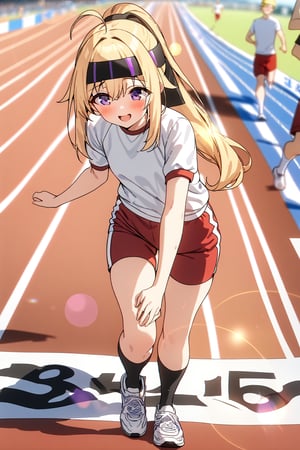 masterpiece, best quality,(1girl), solo,(depth of field),(solo focus),8K,HDR,(ultra high res),(highres),(full body),(lens flare),smiles,blush,ctiank0shi,ahoge (blonde hair),bangs,(long hair),(ponytail),(purple eyes),(headband),(white shirt),(red shorts),(gym uniform),(short sleeves),(black socks),(white footwear),(sneakers),(outdoors),(running track),(sports festival),(running),(finish line)