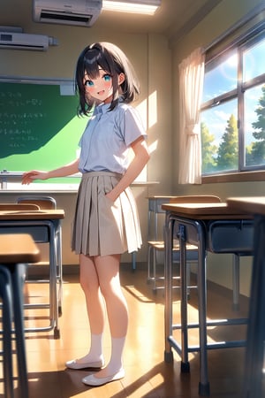 masterpiece, best quality,(1girl), solo,(depth of field),(solo focus),8K,HDR,(ultra high res),(highres),(full body),(perfect lighting),(lens flare),smiles,blush,(black hair), (medium hair),(aqua eyes), sidelocks,(collared shirt),((double pocket) of (white shirt)),(white buttons),(white skirt),(short sleeves),(white socks),(white footwear),(flats),(indoors),(classroom),(standing),(kyoushitsu),(school chair), (school desk), (whiteboard),(window),(ceiling light),curtains,tree,(air conditioners),