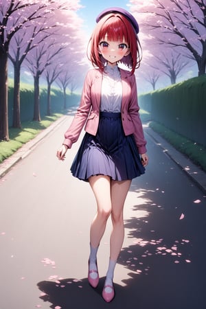 masterpiece, best quality,(1girl), solo,(depth of field),(sharp focus),8K,HDR,(ultra high res),(highres),(full body)smiles,blush,(Kana-XL),(medium hair), (red eyes), (red hair), (blunt bangs),(violet beret),((pink jacket),(open jacket)),(purple shirt),(blue skirt),(long sleeves),(white socks),(pink footwear),(flats), haruhizaka, kitakoumae, scenery, tree, scenery, outdoors,road,(cherry blossoms), street, walking, 