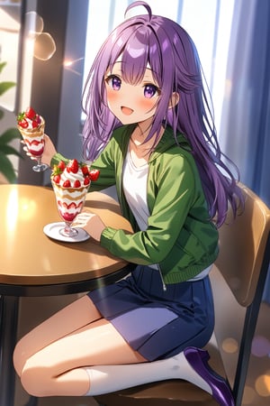 masterpiece, best quality,(1girl), solo,(depth of field),(solo focus),8K,HDR,(ultra high res),(highres),(full body),(perfect lighting),(lens flare),smiles,blush,(KJOANKO),(ahoge),(bangs),(purple hair),(long hair),(purple eyes),(green jacket),(open jacket),(white shirt),(collarbone),(blue skirt),(white socks),(purple footwear),(flats),(cafe),indoors,(table),(food on table),(holding spoon),(strawberry parfait),(drink),(modern cafe),(led lights),curtains,(sitting on chair)