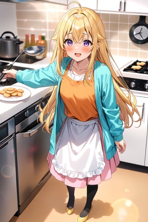 masterpiece, best quality,(1girl), solo,(depth of field),(solo focus),8K,HDR,(ultra high res),(highres),(full body),(lens flare),smiles,blush,ctiank0shi,ahoge (blonde hair),bangs,(long hair),(purple eyes),(aqua cardigan),(open cardigan),(orange shirt),(long sleeves),(pink skirt),(black socks),(yellow footwear),(ballet flats),(indoors),(cutting board),(white apron),(modern kitchen),(holding ladle),(cooking),((deer cracker),food),(frying pan),plate,(wall clock), microwave, refrigerator,stove,