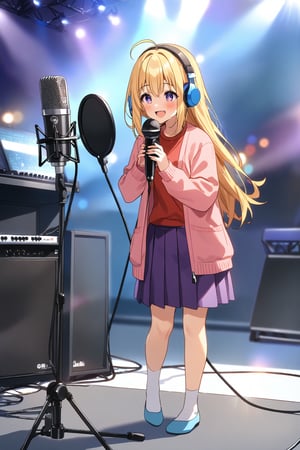 masterpiece, best quality,(1girl), solo,(depth of field),(solo focus),8K,HDR,(ultra high res),(highres),(full body),(lens flare),smiles,blush,ctiank0shi,ahoge (blonde hair),bangs,(long hair),(purple eyes),(pink cardigan),(open cardigan),(red shirt),(long sleeves),(purple skirt),(white socks),(blue footwear),(flats),(indoors),(amplifier),(cable),(computer keyboard),(pop filter),(contemporary),(music stand),(holding musical note),(headphones),(instrument),(music),(microphone stand),(singing),(speaker),(stage lights),(studio),(studio microphone )