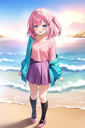 masterpiece, best quality,(1girl), solo,(depth of field),(solo focus),8K,HDR,(ultra high res),(highres),(full body),(full body),smiles,blush,asta \(honkai: star rail\),(pink hair),(medium hair),((one side up)),(blue eyes),(hairclip),(aqua jacket),(open jacket),(pink shirt),(purple skirt),(black socks),(pink footwear),(high heels),outdoors,(standing),(ocean),(sand),(beach)