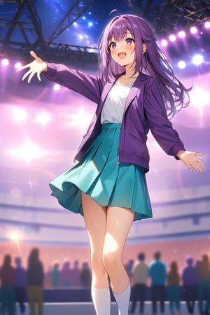 masterpiece, best quality,(1girl), solo,(depth of field),(solo focus),8K,HDR,(ultra high res),(highres),(full body),(lens flare),smiles,blush,(KJOANKO),(ahoge),(bangs),(purple hair),(long hair),(purple eyes),(purple jacket),(open jacket),(white shirt),(collarbone),(aqua skirt),(white socks),(purple footwear),(flats),(outdoors),(holding microphone),music, singing,(stage),(stage lights),(star (sky)),sparkle,(scaffolding),(standing),audience,glowstick,(outstretched arm),(feet out of frame),(leg up)