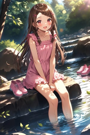 masterpiece, best quality,(1girl),(solo),(full body),(perfect lighting),(lens flare),smiles,blush,(nice hands), (perfect hands),(open mouth),(aobakokona),(brown hair),(red eyes),(very long hair),(braided bangs),(forehead),(parted bangs),(hairclip),(x hair ornament),collarbone,(pink dress),(black shirt),(sleeves past wrists),(sleeveless dress),(frilled dress),(long sleeves),(capri pants),(blue pants ),barefoot,toenail,(pink footwear removed),(unworn sneakers),(unworn socks),(sitting),outdoors,(looking at viewer),denim,(pants rolled up),(soaking feet),(dappled sunlight),handbag,rock,day, leaf, (shoulder bag),(hand between legs), wading, water,stream, (dutch angle),river,sunbeam,tree,branch