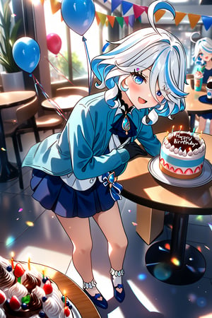 masterpiece, best quality,(1girl), solo,(depth of field),(solo focus),8K,HDR,(ultra high res),(highres),(full body),(lens flare),smiles,blush,(furina \(genshin impact\)), ((light blue hair), (white hair),(multicolored hair), (streaked hair)),(blue eyes),(short hair),(ahoge),(hair between eyes),(hair over one eye),cowlick,(aqua cardigan),(open cardigan),(white shirt),(blue skirt),(white socks),(blue footwear),(ballet flats),(indoors),(cafe),(birthday),(birthday party),(heart balloon),((birthday cake) on table),(string of flags),((gift box),(holding gift)),(happy birthday),((food) on table,fruit,(drink)),(ice cream cup),standing,