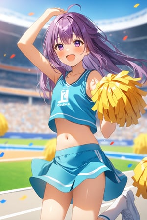 masterpiece, best quality,(1girl), solo,(depth of field),(solo focus),8K,HDR,(ultra high res),(highres),(full body),(lens flare),smiles,blush,(KJOANKO),(ahoge),(bangs),(purple hair),(long hair),(purple eyes),(blue shirt),(crop top),(aqua skirt),(pleated skirt),(sleeveless shirt),(white socks),(white footwear),(sneakers),(outdoors),(sports festival),cheerleader,(holding pom poms),(pom pom \(cheerleading\)),stadium,jyojifuku,navel,(arm up),(confetti)