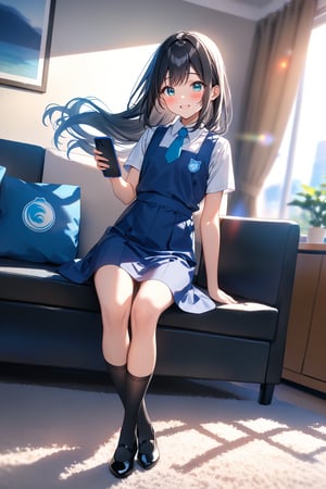 masterpiece, best quality,(1girl), solo,(depth of field),(solo focus),8K,HDR,(ultra high res),(highres),(full body),(lens flare),smiles,blush,(black hair), (long hair),(aqua eyes),(floating hair), sidelocks,(malaysian secondary school uniform),(schoollogo),(school's logo on right side (pinafore dress)),(aqua blue skirt),(blue pinafore),(collared shirt),(white shirt),(short sleeves),(black socks),(black footwear),(ballet flats),(sitting on couch),(indoors),(holding the smartphone),(living room),curtains,window, carpet,shelf,