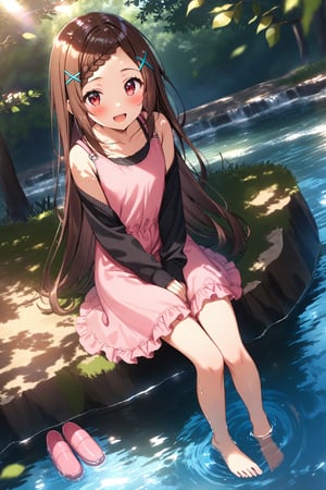 masterpiece, best quality,(1girl),(solo),(full body),(perfect lighting),(lens flare),smiles,blush,(nice hands), (perfect hands),(open mouth),(aobakokona),(brown hair),(red eyes),(very long hair),(braided bangs),(forehead),(parted bangs),(hairclip),(x hair ornament),collarbone,(pink dress),(black shirt),(sleeves past wrists),(sleeveless dress),(frilled dress),(long sleeves),(capri pants),(blue pants ),barefoot,toenail,(pink footwear removed),(unworn sneakers),(unworn socks),(sitting),outdoors,(looking at viewer),denim,(pants rolled up),(soaking feet),(dappled sunlight),handbag,rock,day, leaf, (shoulder bag),(hand between legs), wading, water,stream, (dutch angle),river,sunbeam,tree,branch