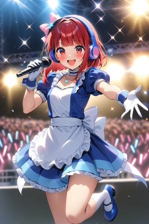 masterpiece, best quality,(1girl), solo,(depth of field),(solo focus),8K,HDR,(ultra high res),(highres),(full body),(lens flare),smiles,blush,(Perfect Hands),(Kana-XL),(medium hair), (red eyes), (red hair),(blunt bangs),(top hat),(
hat bow),(idol clothes),(white bowtie),(blue dress),(frilled choker),(pink ribbon),(puffy short sleeves),(wrist cuffs)(white apron),(white gloves).(necklace),(white sock), (blue footwear),(mary janes),(pink headphones),(outdoors),(holding microphone),music, singing,(stage),(stage lights),(star (sky)),sparkle,(scaffolding),(standing),audience,glowstick,(outstretched arm),(feet out of frame),(leg up),