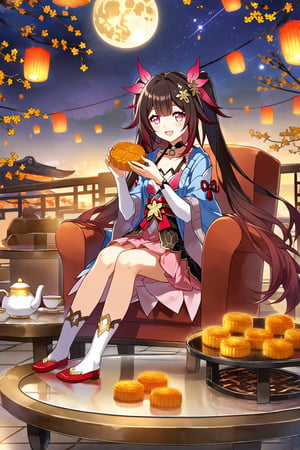 (sparkle \(honkai: star rail\)),(wispy bangs),(dark brown hair),(pink eyes),(very long hair),(twintails),(hair between eyes),(hair ornament),(blue cardigan),(open cardigan),(yellow shirt),(long sleeves),(pink skirt),(white socks),(red footwear),(flats),,(mid-autumn festival),(sky lantern),(sitting),(on chair),(armchair),(balcony),(((brown mooncake),food)on plate),(holding mooncake),(maple leaf),(teacup),(teapot),(sanbou),(tsukimi dango),((glass table),(round table)),(gold osmanthus),(yellow flower),(night sky),(star \(sky\)),(full moon),(culture),china,(tile floor)